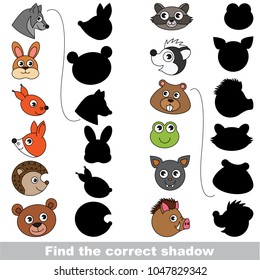 Forest animals set to find the correct shadow, the matching educational kid game to compare and connect objects and their true shadows, simple gaming level for preschool kids.