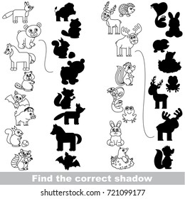 Forest Animals set to find the correct shadow, the matching educational kid game to compare and connect objects and their true shadows, simple gaming level for preschool kids.