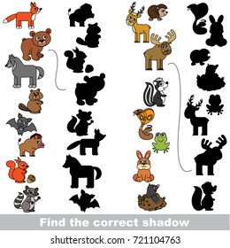 Forest Animals set to find the correct shadow, the matching educational kid game to compare and connect objects and their true shadows, simple gaming level for preschool kids.