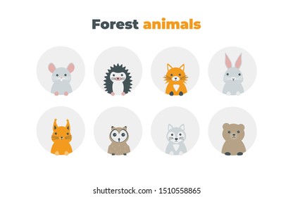 Forest animals set in flat style isolated on white background. Cute cartoon wild animals avatars collection: mouse, hedgehog, fox, hare, squirrel, owl, wolf, bear. svg