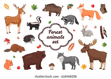 Animais florestais definidos em estilo plano isolado sobre fundo branco. Ilustração vetorial. Cartonagem de animais.