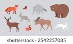 Forest animals set: fox, bear, deer, raccoon, hare, squirrel, moose, bullfinch isolated on white background. Scandinavian design style. Vector illustration of wild animals