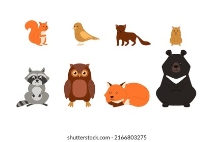 Forest animals, a set of illustrations on a white background, vector flat. Squirrel, bird, marten, bear, rodent, fox, owl, raccoon