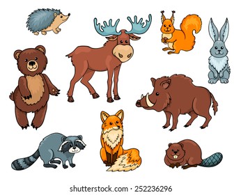 Forest animals set. Isolated on white. Cartoon vector illustration.