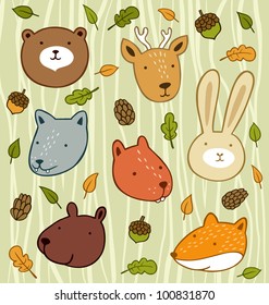 Forest animals set with leaves and acorns isolated on wooden background