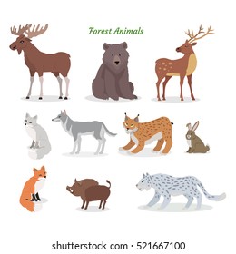 Animais florestais prontos. Alce, javali, lince, lince, urso, veado, lobo, lebre, coelho, raposa, jaguar javali isolado no fundo branco personagens da vida selvagem Forester desenhos animados criaturas Vector ilustração