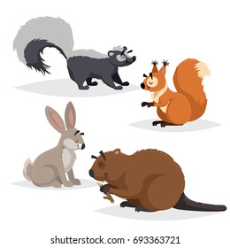 Forest animals set. Skunk, squirrel, hare and beaver. Happy smiling and cheerful characters. Vector zoo illustrations isolated on white background.