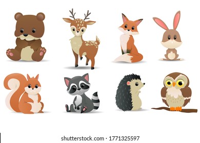 Forest animals set. Forest symbols - bear, deer, fox, squirrel, raccoon, owl, rabbit, hedgehog, beaver. Cute forest animals. Vector illustration