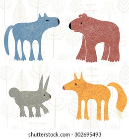 Forest animals set in vector. Cartoon and cute style. Wolf, bear, rabbit, fox.