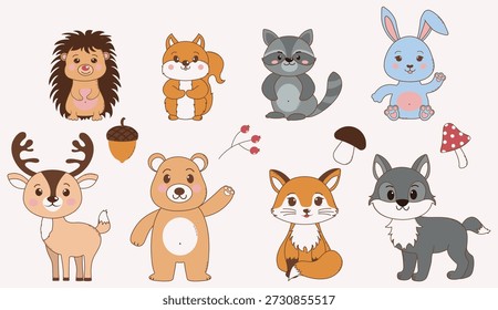 Conjunto de animales del bosque, lobo, ciervo, zorro, liebre, erizo, mapache, ardilla, oso, bosque, animales en el bosque