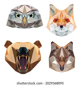 Forest animals of siberia in low poly. Owl, fox, bear and wolf.
