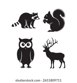 Forest Animals Silhouette Collection - Raccoon, Squirrel, Owl, and Deer Vector Art