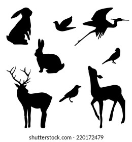 Forest Animals Silhouette Set. Hand Drawn Isolated Vintage Illustration