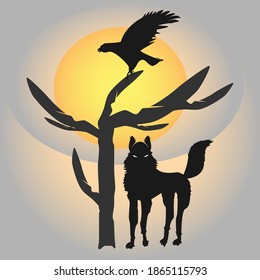 Forest animals. Silhouette of a wolf and a crow flying up from a tree against the backdrop of a huge sun at sunset. Vector illustration of Scandinavian myths. The raven is a symbol of the night.