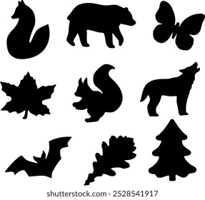 Forest animals silhouettes collection isolated on white.