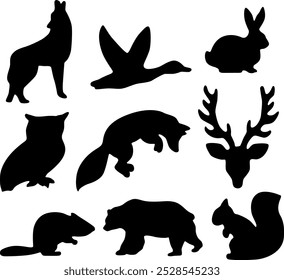 Siluetas de animales del bosque colección aislada en blanco.