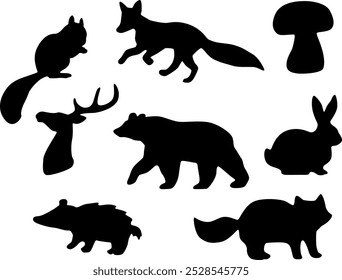 Forest animals silhouettes collection isolated on white.