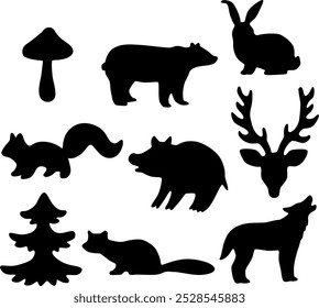Forest animals silhouettes collection isolated on white.