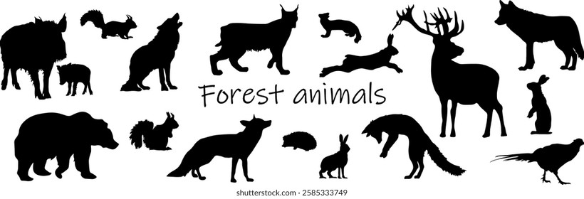 Forest animals. Silhouettes of animals living in the forest. Animal shadows. Bear, wolf, fox, squirrel, lynx, pheasant, hare, weasel, hedgehog, deer, wild boar