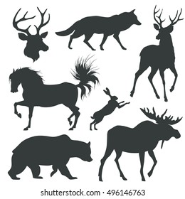 Forest animals silhouettes set. vector illustration. Taiga