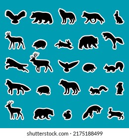 Forest animals. Silhouettes, stickers. Black outline of wild woodland animals. Bear, deer, wolf, fox, owl, hedgehog, squirrel, hare. Vector illustration