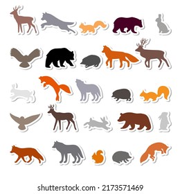 Forest animals. Silhouettes, stickers. Outline of wild forest animals. Bear, deer, wolf, fox, owl, hedgehog, squirrel, hare. Vector illustration