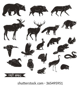 Forest animals silhouettes vintage. Vector illustration in line art isolated