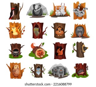 Forest Animals Sitting in Tree Hollow and Burrow as Woodland Home Vector Set