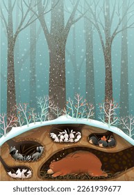 Forest animals sleeping in dens and burrows under winter forest trees and roots. Art for children. Bear, raccoon rabbits and mouse sleep in burrows. Cute animals wallpaper illustration for kids.