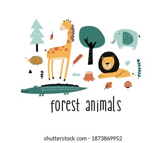 Forest animals slogan and cute nature icons print design. Vector illustration design for fashion fabrics, textile graphics, prints.	