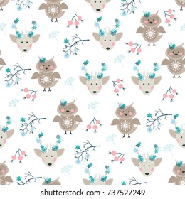 Forest animals and snowflakes, branches. Winter collection. Vector illustration.