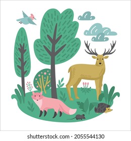 Forest animals square composition with doodle style outdoor landscape and horned deer with fox and bird vector illustration