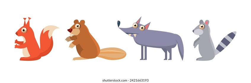 Forest Animals with Squirrel, Beaver, Wolf and Rodent Vector Set