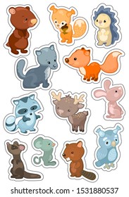 Forest animals sticker set. Cute characters vector illustration with outline on white background. Woodland animal bear, beaver, fox, rabbit, deer. Woodland animal characters for kids party or birthday