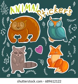 Forest animals stickers. Cartoon cute vector illustrations.