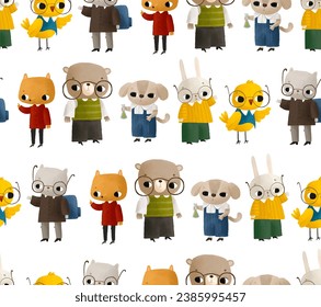 forest animals study in primary school. Cute cartoon characters bear, fox, rabbit, chicken. Back to school gift wrap paper. Seamless pattern for children. Preschool nursery print