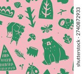 Forest animals stump pattern. Seamless woodland vector print with wild animals.