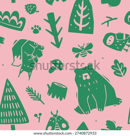 Forest animals stump pattern. Seamless woodland vector print with wild animals.