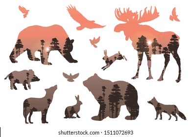 Forest animals sunrise- silhouettes, elements set white isolated. Basis graphics for eco design