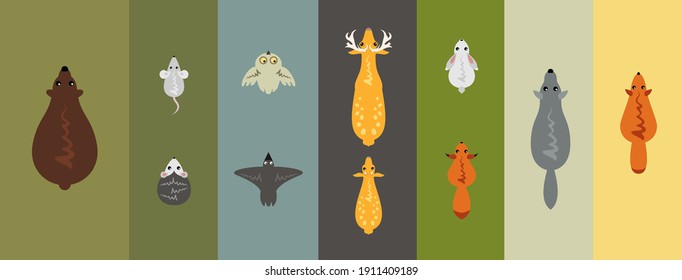 Forest animals top view: wolf, fox, bear, squirrel, deer and fawn, mouse, hare, hedgehog, owl, raven. Vector