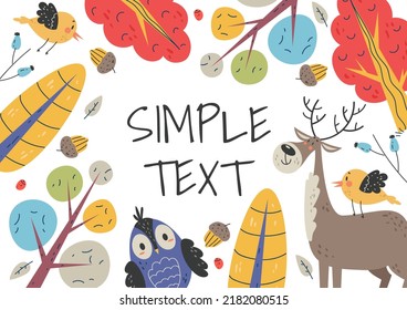 Forest animals with tree plant mushrooms and berries banner poster cover concept. Vector cartoon design element illustration