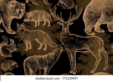 Forest animals and trees seamless pattern. Squirrel, deer, bear, wolf, fox, hedgehog, wild boar and spruce. Hand drawing. Gold and black. Vintage engraving background. Vector illustration art.