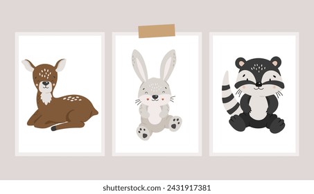 Forest animals vector, Abstract baby animals vector, forest baby animals, cute animals isolated, adorable deer, rabbit, raccoon, kids vector