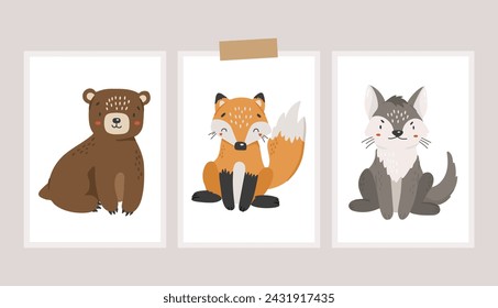 Forest animals vector, Abstract baby animals vector, forest baby animals, cute animals isolated, adorable fox, wolf, bear, kids vector