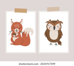 Forest animals vector, Abstract baby animals vector, forest baby animals, cute animals isolated, adorable owl, squirrel, kids vector