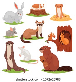 Forest animals vector cartoon animalistic characters squirrel in hollow and wild beaver or bunny hare in woodland illustration set of gnawers mouse or rat isolated on white background