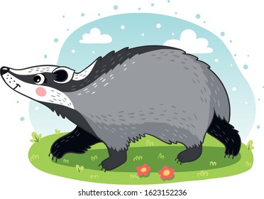 Forest animals vector cartoon animalistic characters badger in woodland illustration isolated on white background