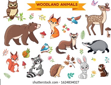 Forest animals vector cartoon animalistic characters squirrel in hollow and wild beaver or bunny hare in woodland illustration set of gnawers bear or owl isolated on white background