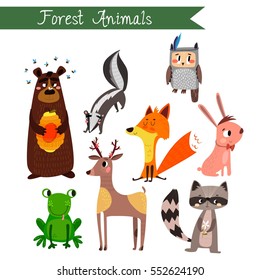 Forest animals vector illustration.Vector set. Isolated on white background. Forest animals cartoon style. Preschool, baby, continents, travelling, drawn - stock vector