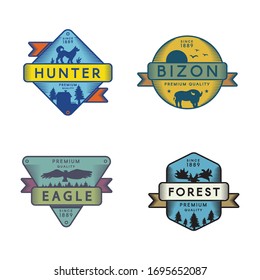 Forest animals vector logo templates set. Recreational park symbol. Bizon, eagle, wolf silhouette